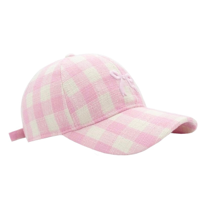 light-pink-gingham-striped-checkered-plaid-patterned-bow-coquette-sun-hat-baseball-trucker-cap-snapback-adjustable-spring-2024-summer-preppy-style-hamptons-malibu-barbie-beach-tropical-vacation-chic-trendy-women-ladies-girls-aviator-nation-loveshackfancy-fillyboo