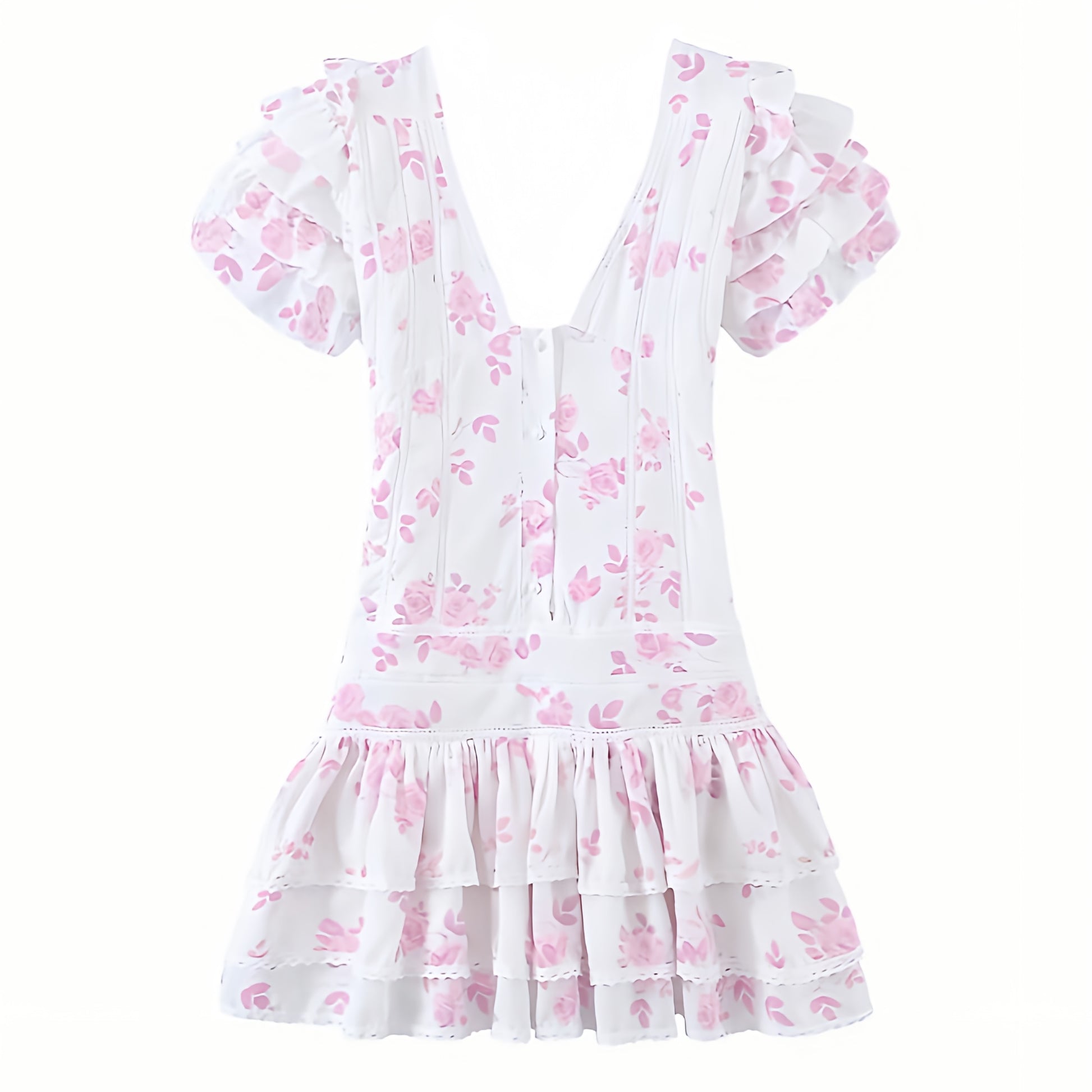 Light Pink Floral Print Layered Ruffle V-Neck Puff Sleeve Mini Dress Dazey Hill Light Pink Floral Print Layered Ruffle V-Neck Puff Sleeve Mini Dress Dazey Hill