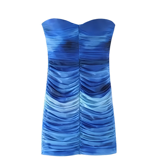 Dark Blue Tie-Dye Patterned Bodycon Ruched Strapless Mini Dress