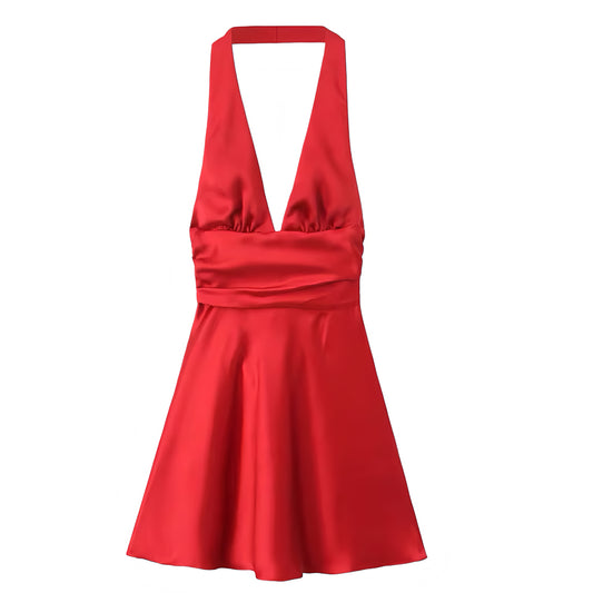 Cherry Red Satin Bow Drop Waist Backless Halter Mini Dress