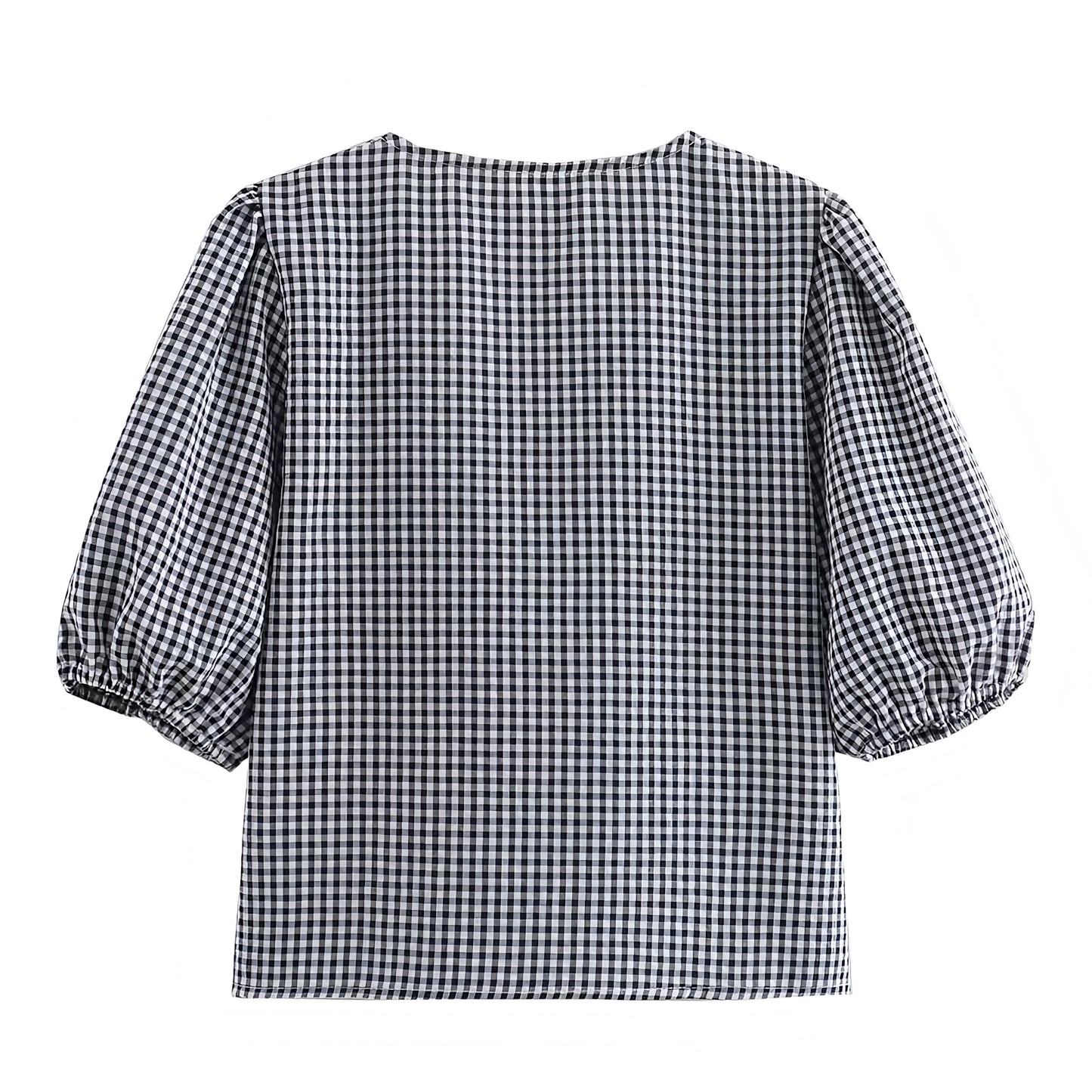 Black Gingham Bow Lace Up Short Puff Sleeve Blouse Top