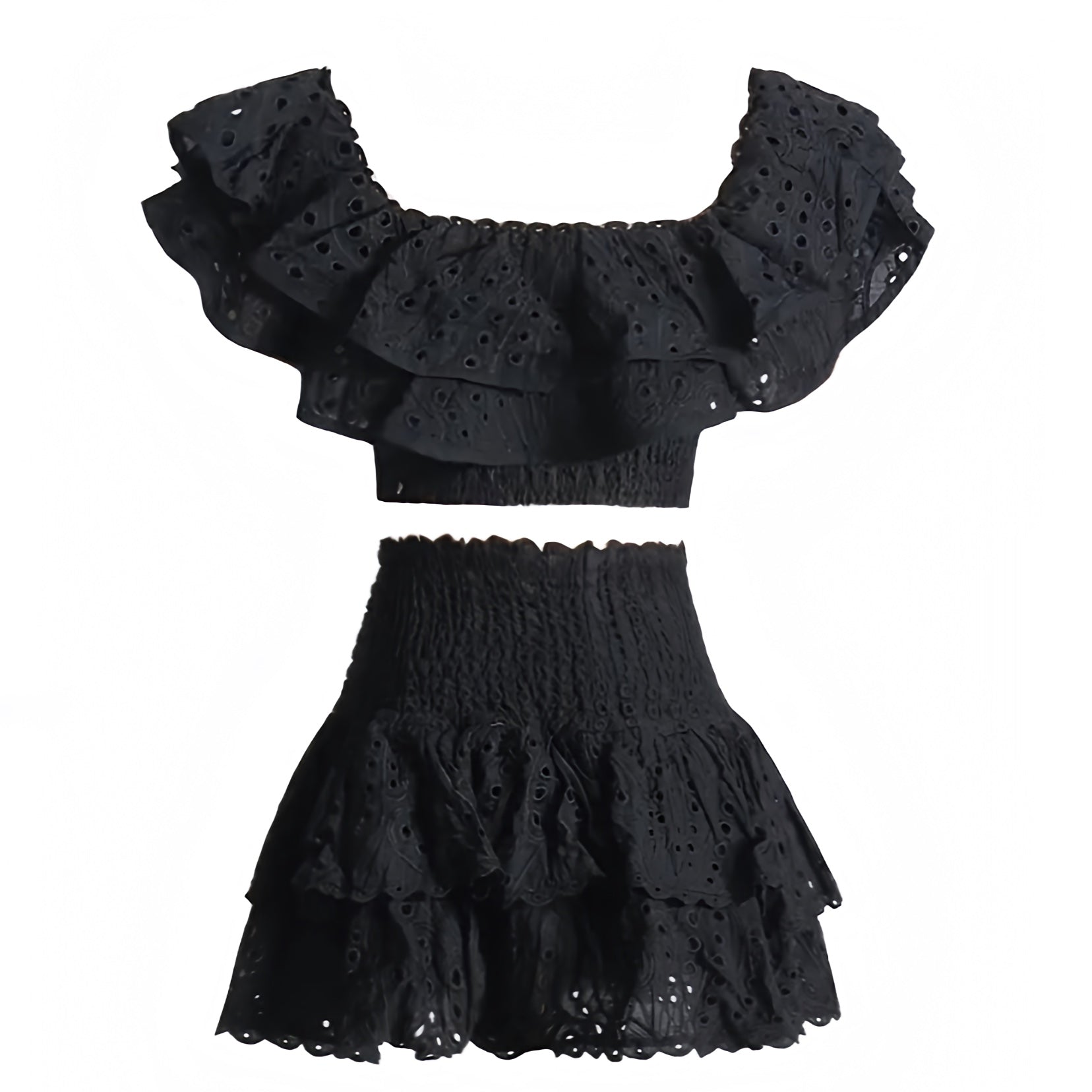 black-eyelet-embroidered-scalloped-broderie-anglaise-patterned-layered-ruffle-smocked-tiered-shirred-bodice-fitted-waist-bodycon-slim-fit-short-sleeve-off-shoulder-square-neck-line-crop-top-blouse-and-mini-skirt-2-piece-dress-set-couture-women-ladies-spring-2024-summer-chic-trendy-elegant-casual-semi-formal-feminine-classy-preppy-style-party-prom-european-beach-wear-vacation-sundress-gown-charo-ruiz-zimmerman-revolve-loveshackfancy-fillyboo-dupe