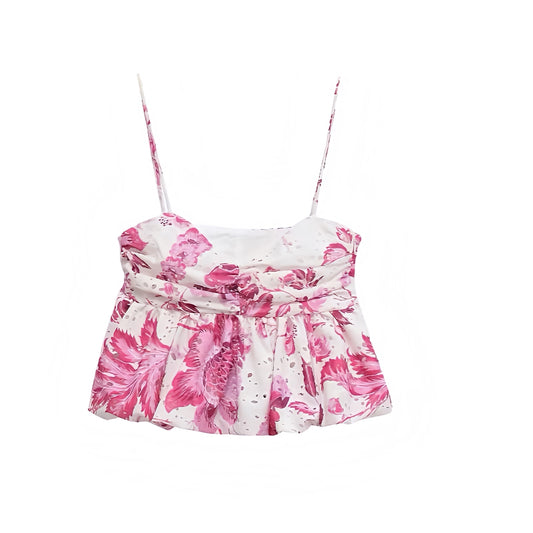 Bahamas Pink Floral Print Eyelet Embroidered Ruffled Crop Tank Top