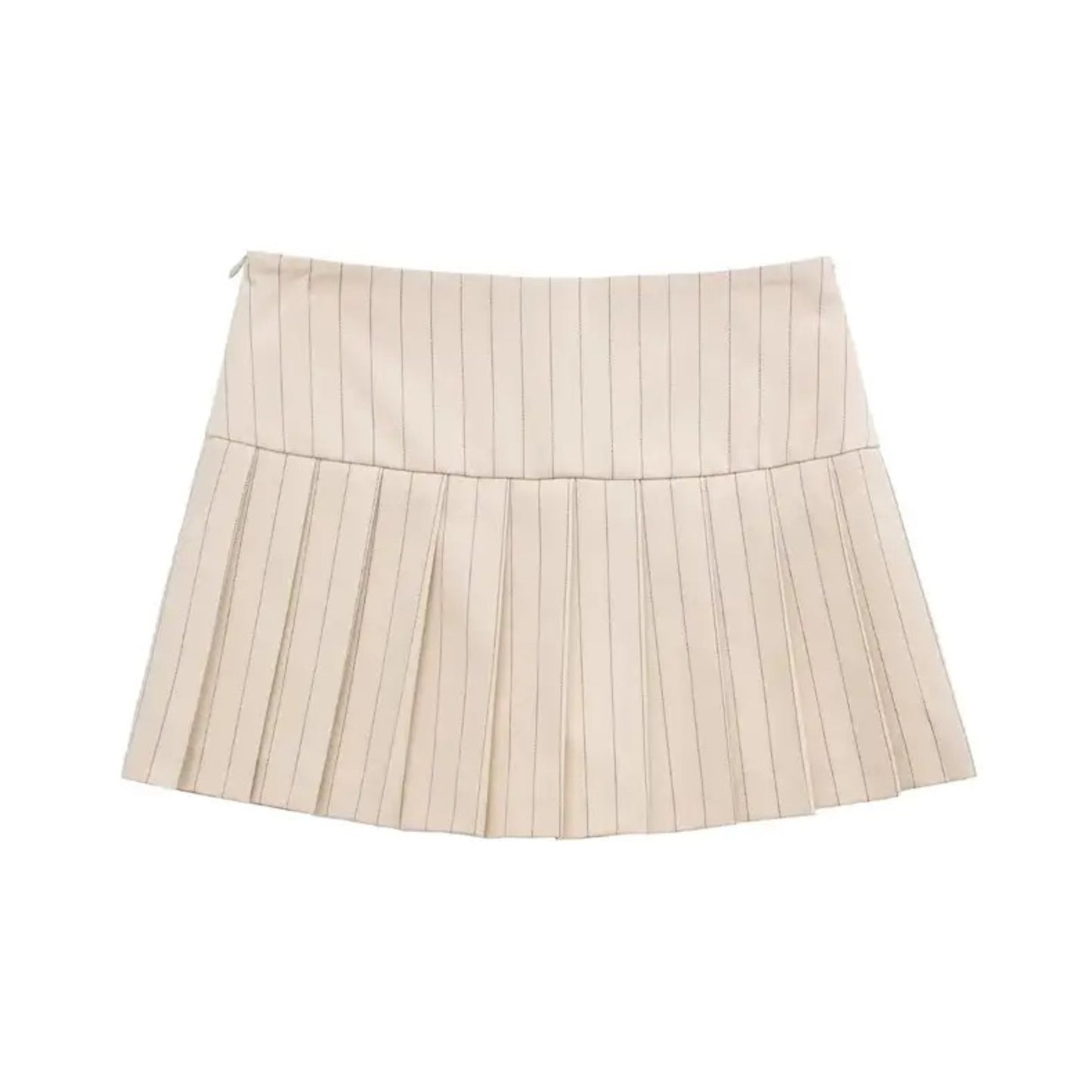 Beige Striped Low Waisted Pleated Mini Skirt