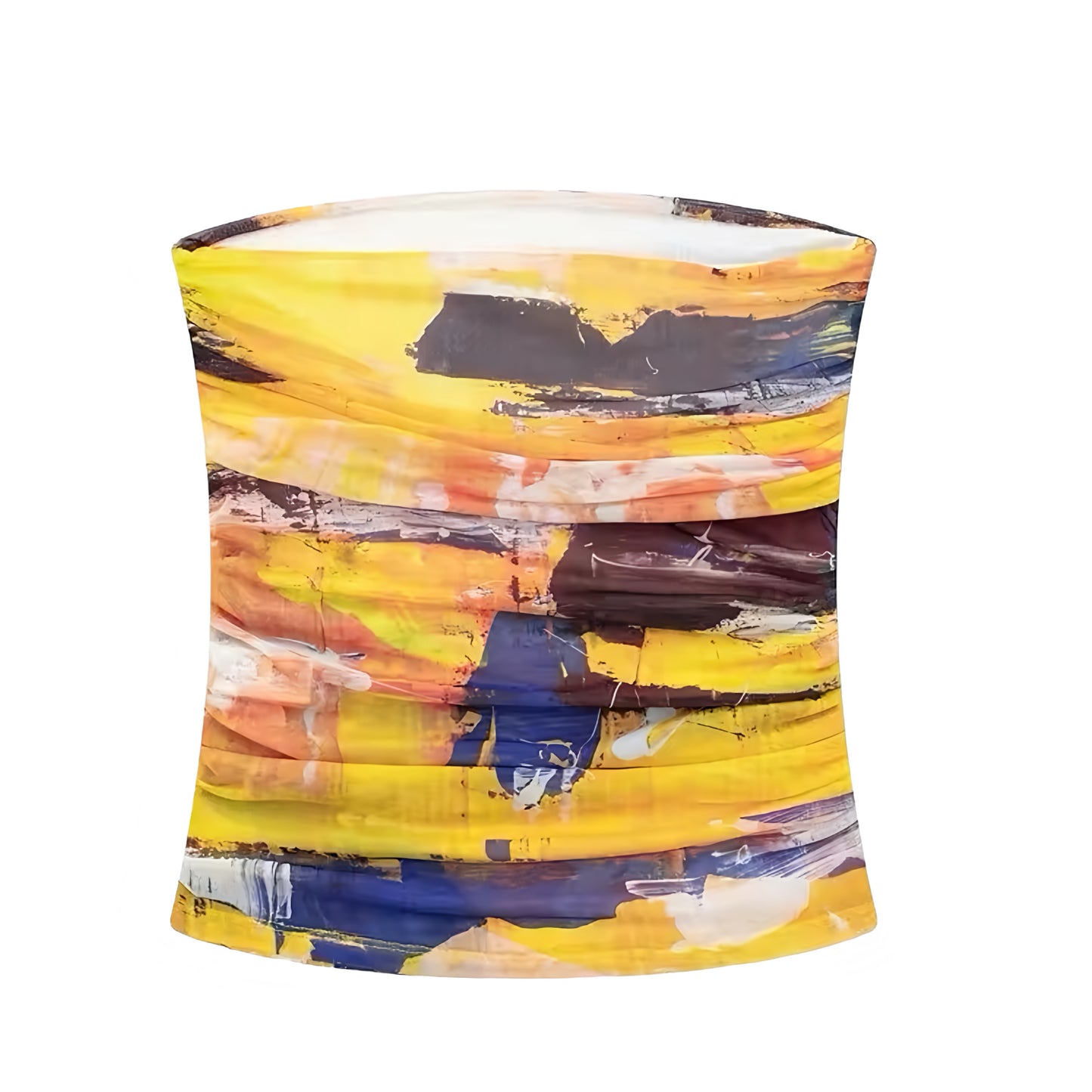 Yellow Multi-Color Patterned Ruched Strapless Tube Top