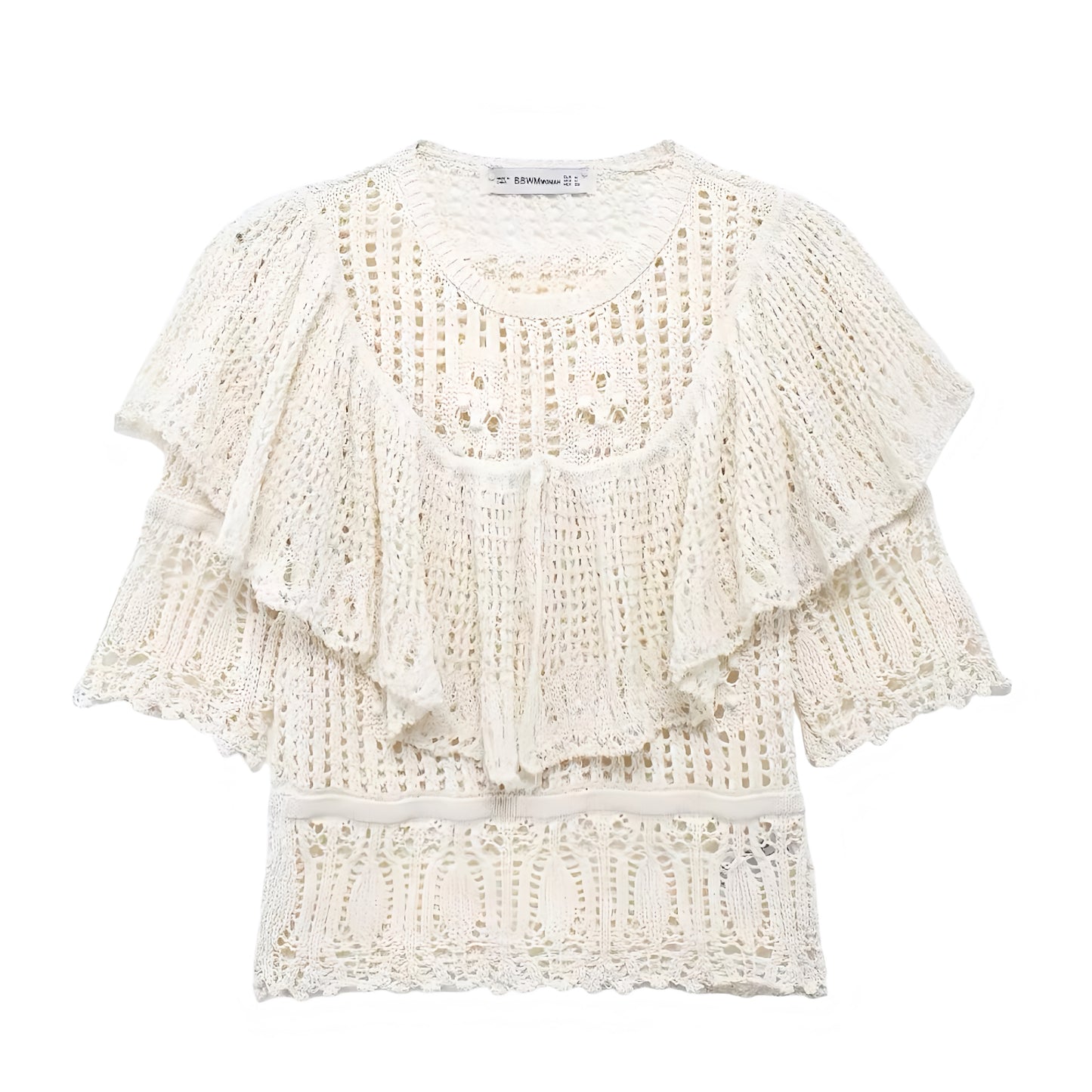 Light Beige Eyelet Crochet Embroidered Ruffle Trim Short Sleeve Blouse Top