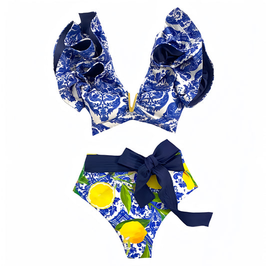 dark-navy-blue-and-white-yellow-multi-color-lemon-floral-print-patterned-layered-ruffle-trim-v-neck-short-puff-sleeve-push-up-wireless-bow-string-tie-cheeky-thong-bikini-set-swimsuit-two-piece-swimwear-top-bottoms-bathing-suit-women-ladies-chic-trendy-spring-2024-summer-elegant-classy-couture-preppy-style-european-vacation-beach-wear-revolve-zimmerman-fillyboo