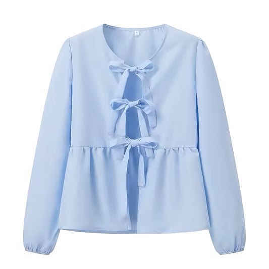 Light Blue Bow Lace Up Long Sleeve Camisole Blouse Top