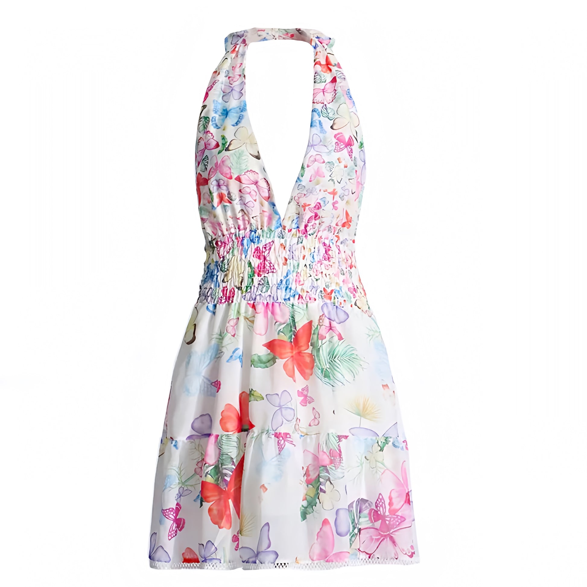 White Multi-Color Butterfly Smocked Sleeveless Halter Mini Dress Dazey Hill White Multi-Color Butterfly Smocked Sleeveless Halter Mini Dress Dazey Hill