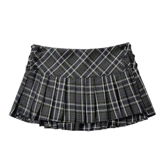 Dark Grey Plaid Mid-Rise Pleated Mini Skirt