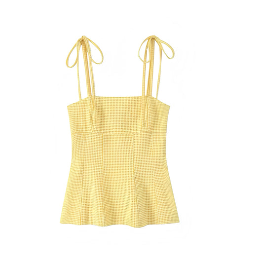 Yellow Bow Gingham Spaghetti Strap Corset Tank Top