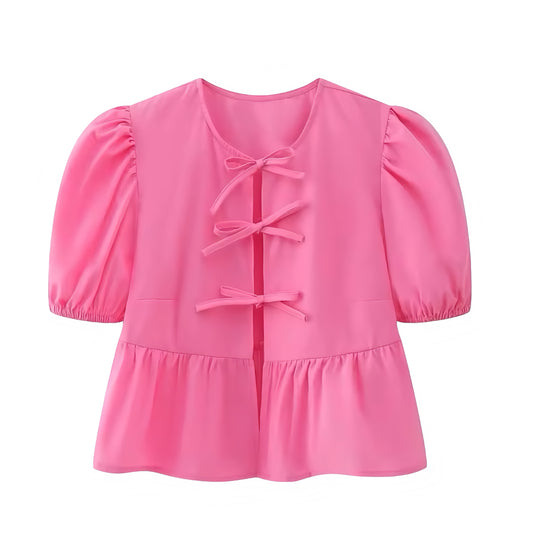 Hot Pink Bow Lace Up Short Puff Sleeve Camisole Blouse Top