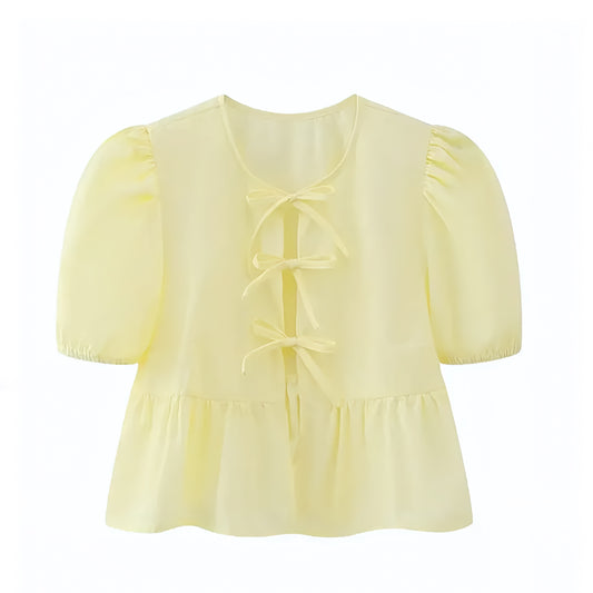 Light Yellow Bow Lace Up Short Puff Sleeve Camisole Blouse Top