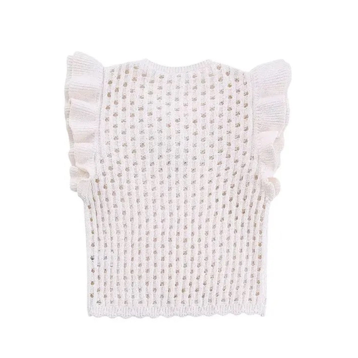 Ivory White Knit Crochet Ruffle Sleeve Blouse Top