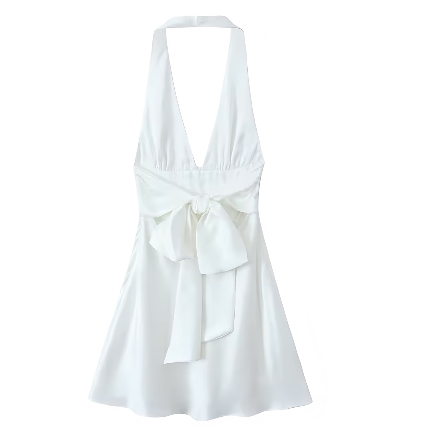 White Satin Bow Drop Waist Backless Halter Mini Dress