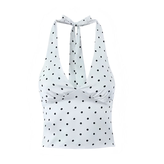 White & Black Polka Dot Satin V-Neck Sleeveless Halter Crop Top