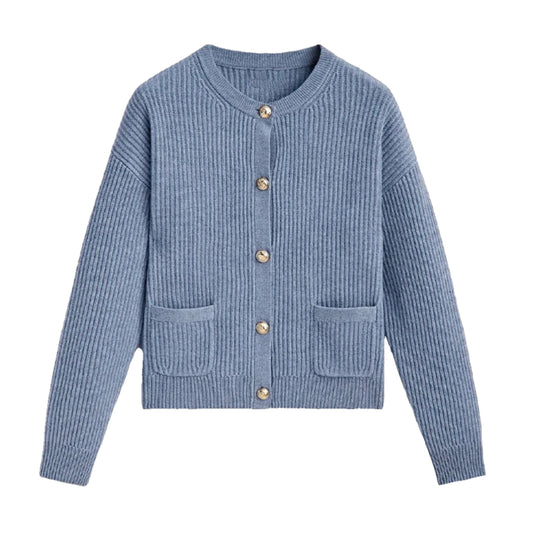 Fog Blue Knit Gold Button Cardigan Sweater