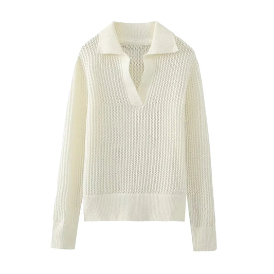 Ivory Knitted V-Neck Pullover Sweater