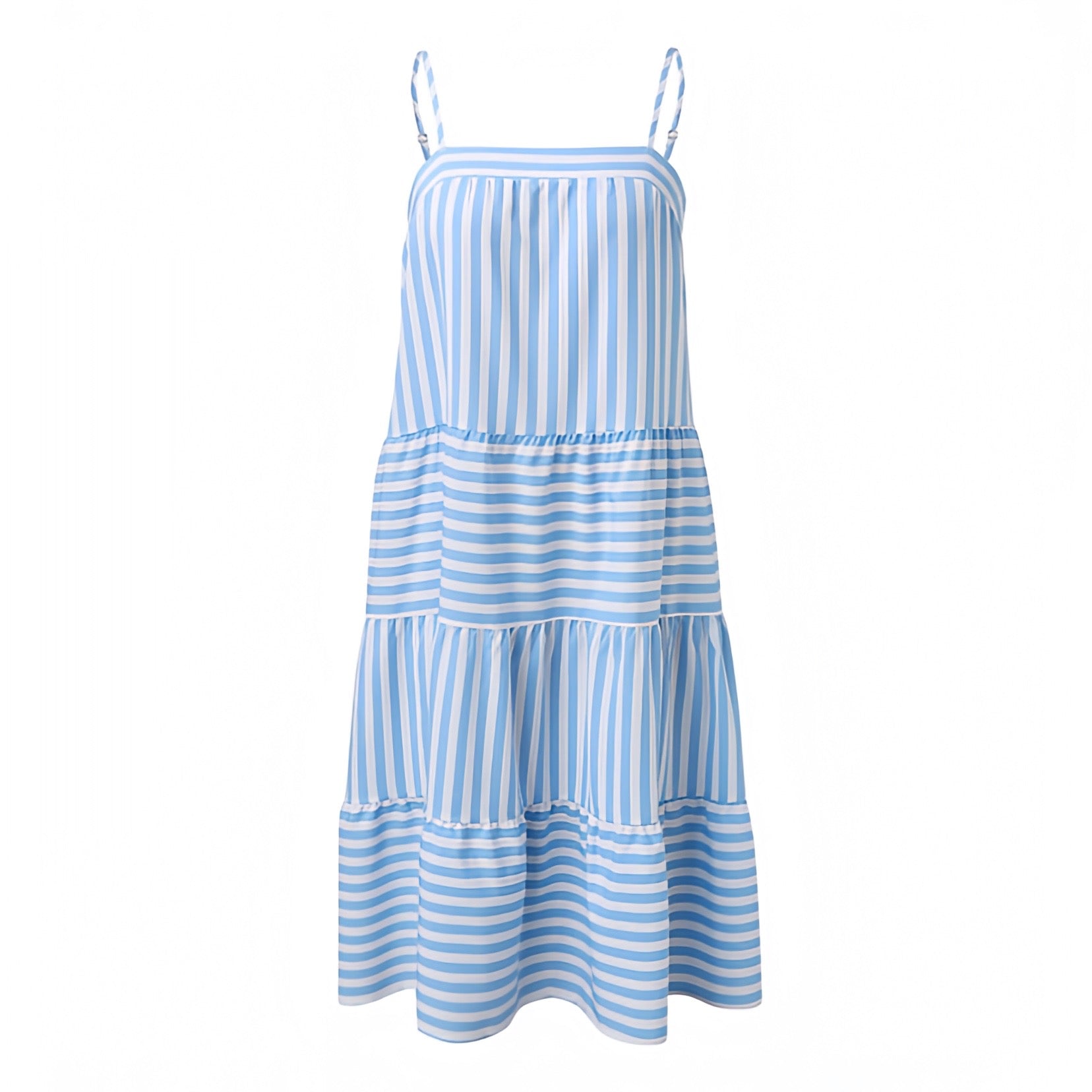 Light Blue Striped Seersucker Linen Spaghetti Strap Tiered Midi Dress –  DAZEY HILL