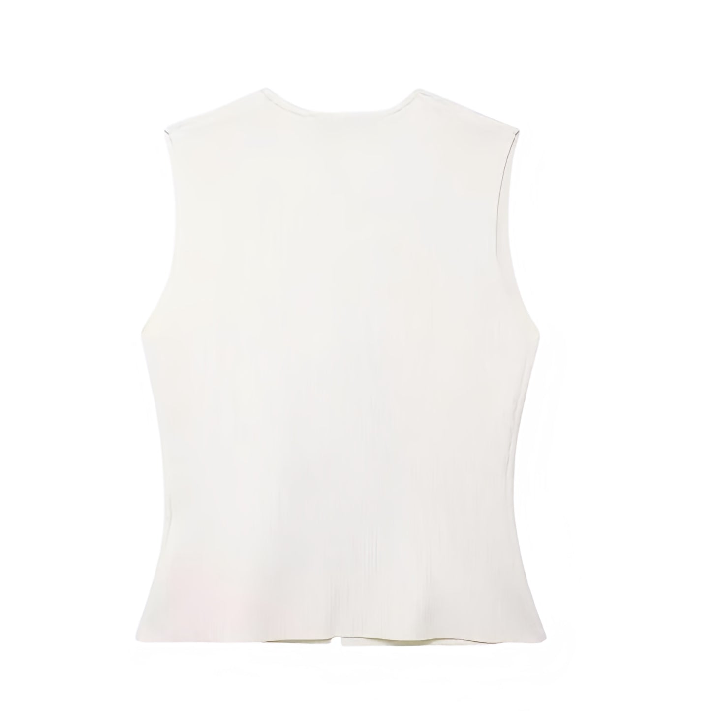 Ivory White Knit Gold Button V-Neck Asymmetric Sleeveless Full Length Top