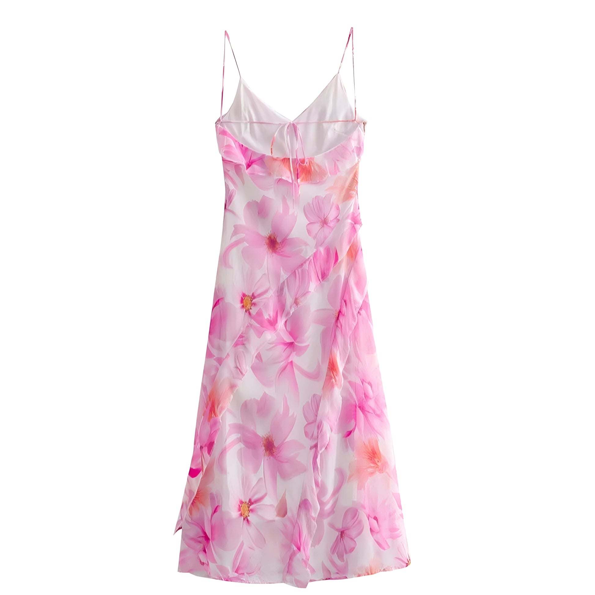 Light Pink Floral Print Bodycon Ruffle Trim Spaghetti Strap Maxi Dress – Dazey Hill