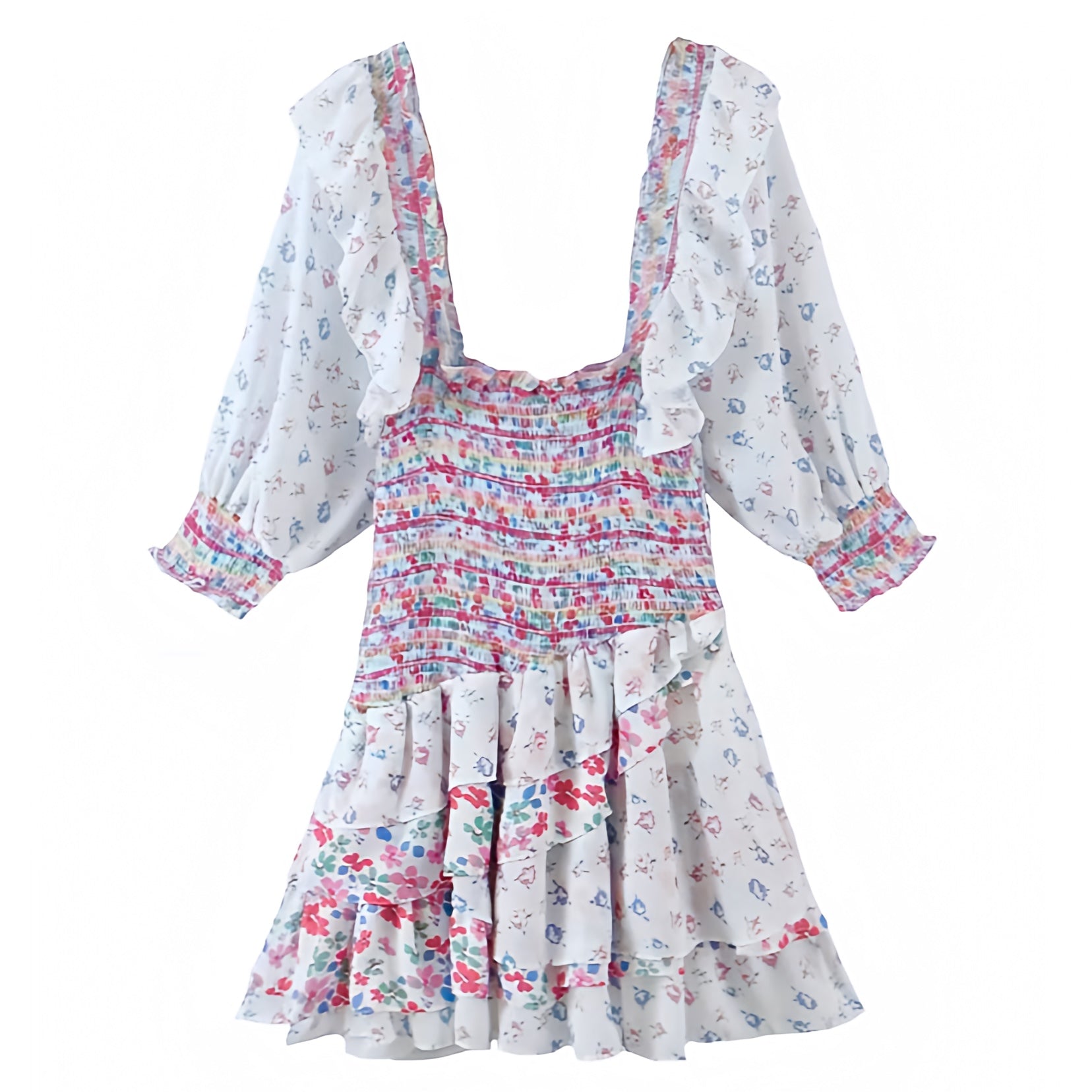 floral-print-multi-color-rainbow-flower-patterned-layered-ruffle-trim-smocked-bodycon-slim-fit-shirred-bodice-fitted-waist-flowy-boho-tullie-tiered-long-puff-sleeve-square-neckline-short-mini-dress-gown-women-ladies-trendy-chic-spring-2024-summer-elegant-casual-semi-formal-feminine-preppy-style-prom-party-beach-wear-vacation-sundress-loveshackfancy-zimmerman-altard-state