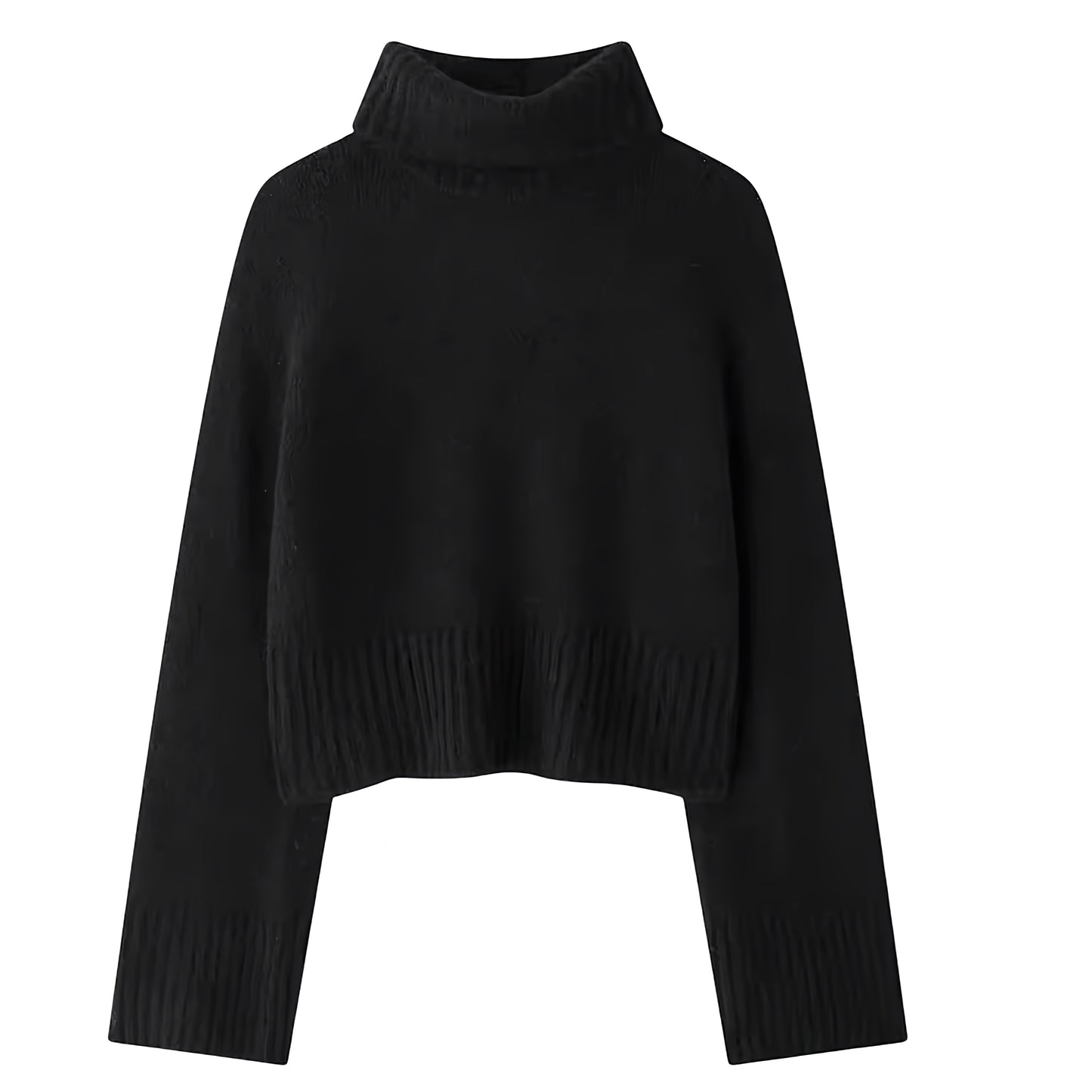 Black Knit Woolen Oversized Long Sleeve Cropped Turtleneck Pullover Sweater