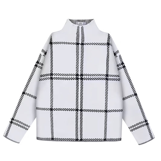 White & Black Plaid Knit Woolen Oversized Long Sleeve Turtleneck Pullover Sweater