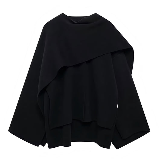 Black Knit Woolen Oversized Irregular Long Sleeve Pullover Cloak Sweater