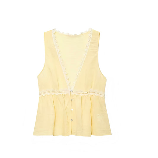 Yellow V-Neck Eyelet Lace Trim Sleeveless Button Down Linen Top