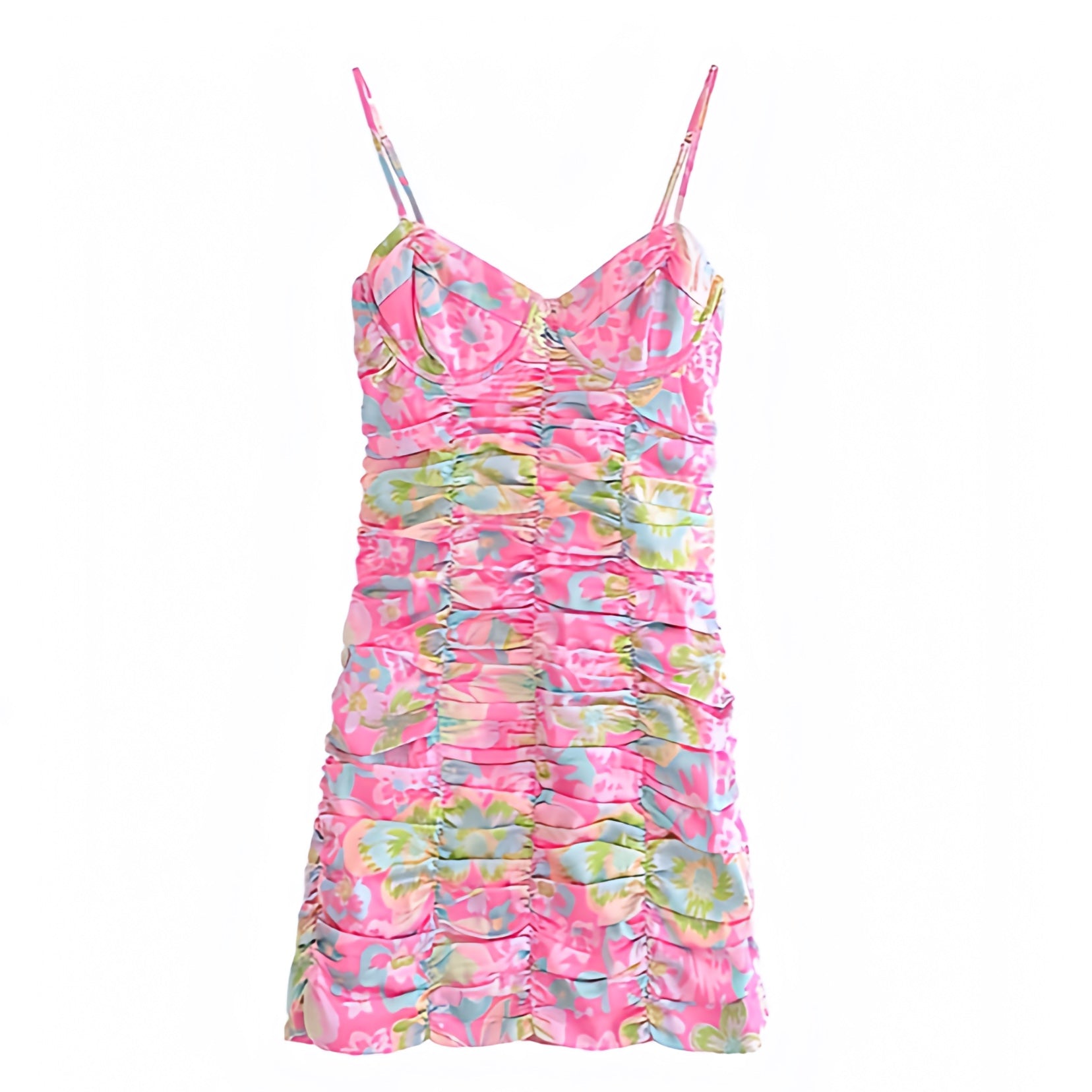 floral-print-light-pink-green-yellow-blue-multi-color-flower-patterned-slim-fit-bodycon-ruched-shirred-bodice-fitted-waist-ruffled-v-neck-sweetheart-neckline-spaghetti-strap-sleeveless-bandage-short-mini-dress-women-ladies-chic-trendy-spring-2024-summer-casual-semi-formal-feminine-party-prom-preppy-style-tropical-beach-wear-vacation-sundress-zara-altard-state-pacsun-urban-outfitters-princess-polly-whitefox