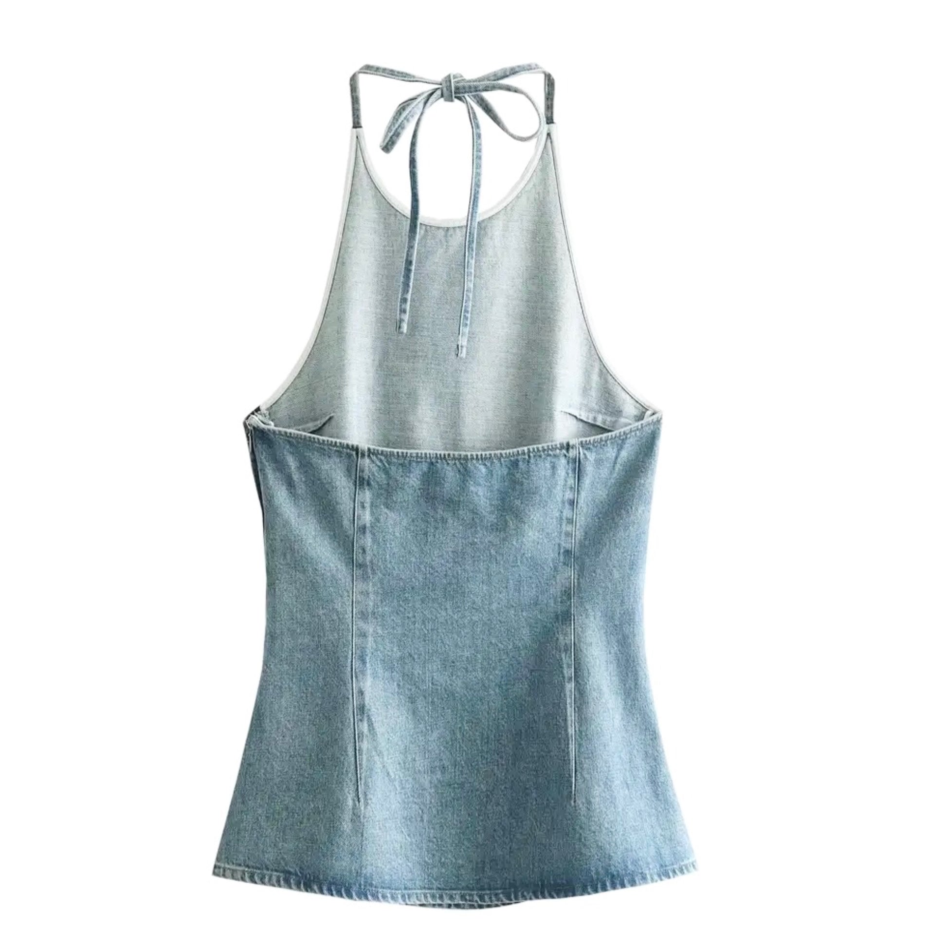 light-blue-bleach-wash-faded-distressed-vintage-retro-slim-fit-bodycon-corset-cinched-waist-sleeveless-spaghetti-strap-round-neckline-backless-open-back-halter-denim-jean-full-length-hip-camisole-tank-top-blouse-shirt-women-ladies-teens-tweens-chic-trendy-spring-2024-summer-casual-feminine-western-y2k-cocktail-party-sexy-date-night-out-club-wear-90s-minimalist-minimalism-office-siren-stockholm-style-zara-revolve-aritzia-reformation-dupe