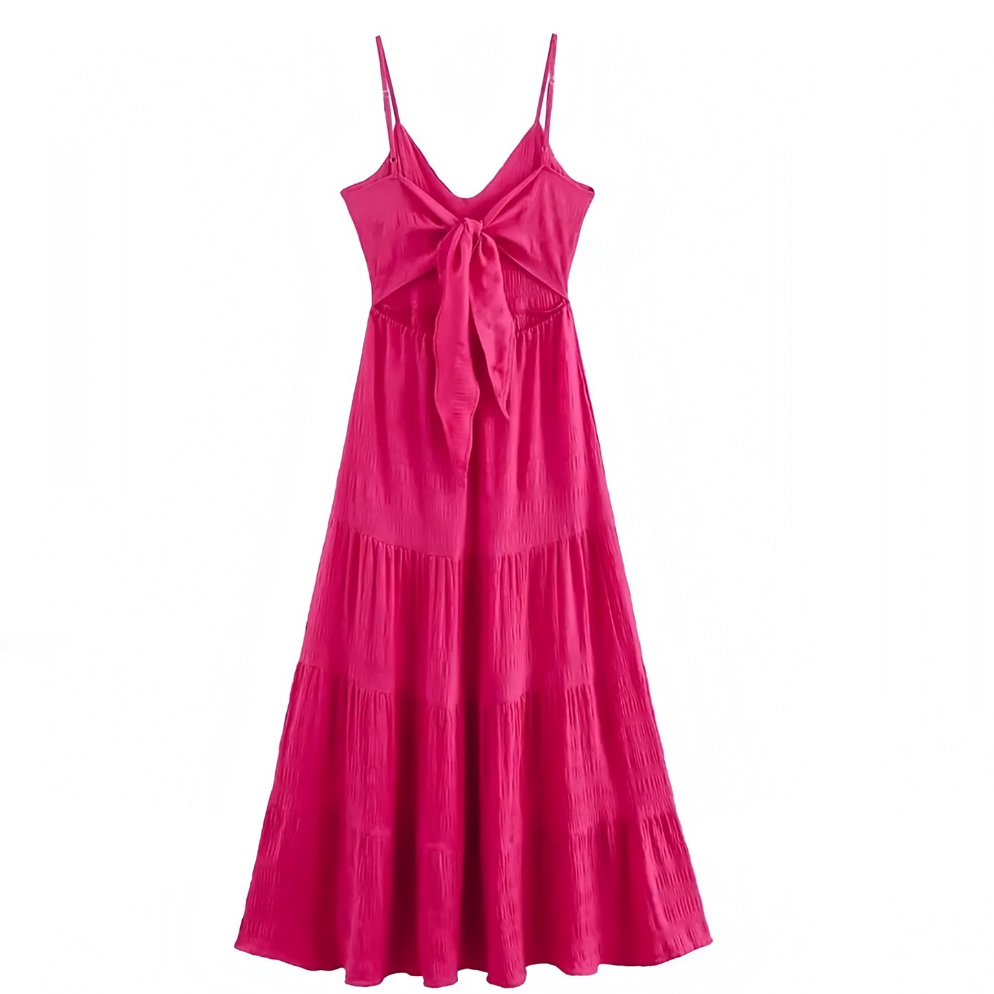 Hot Pink Slim Fit Spaghetti Strap Tiered Backless Maxi Dress