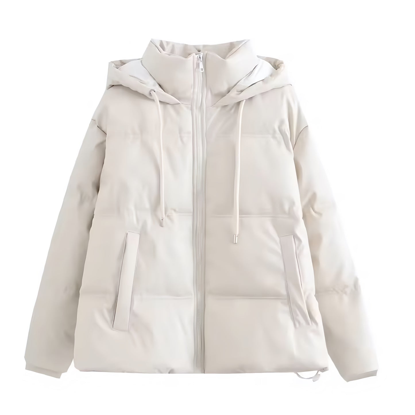 Cream White Oversized Zip-Up Long Sleeve Hooded Puffer Jacket