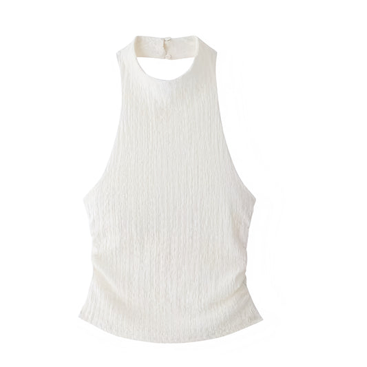 White Slim Fit Textured Backless Halter Tank Top