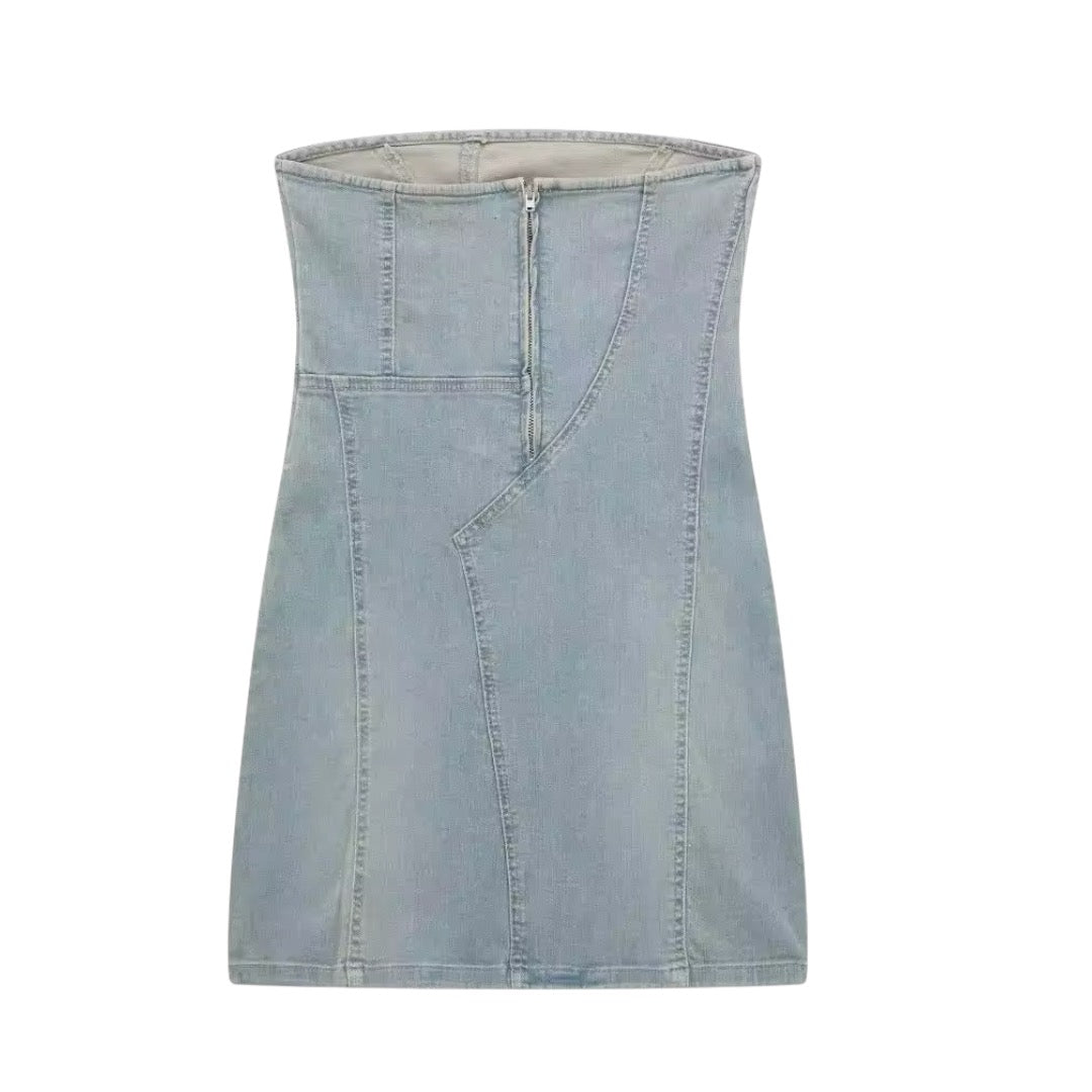 Light Blue Faded Vintage Patchwork Bodycon Strapless Denim Mini Dress