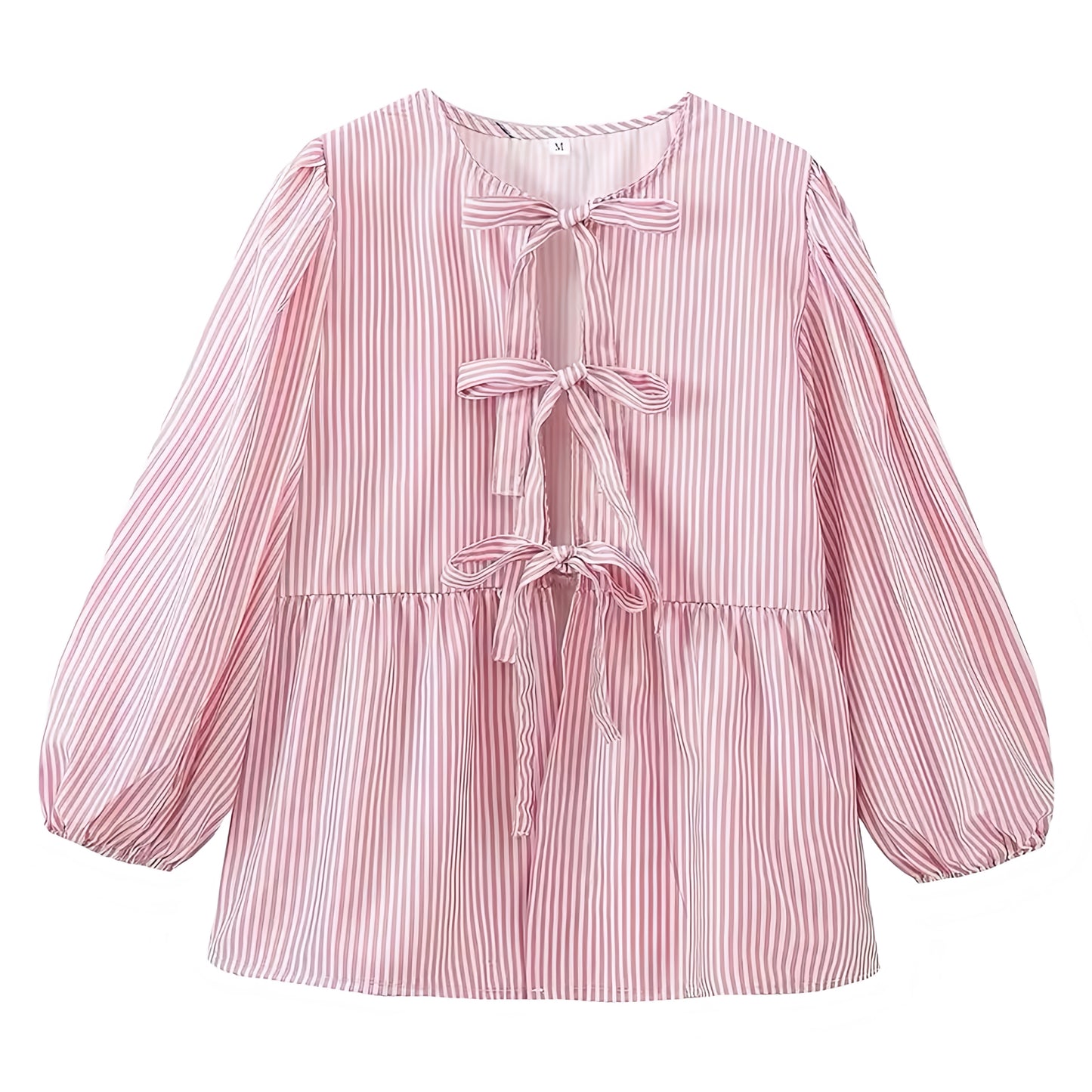 Light Pink Striped Bow Lace Up Long Sleeve Camisole Blouse Top