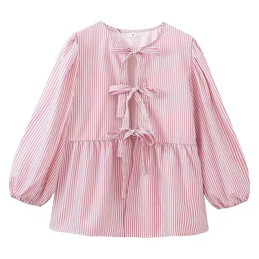 Light Pink Striped Bow Lace Up Long Sleeve Camisole Blouse Top