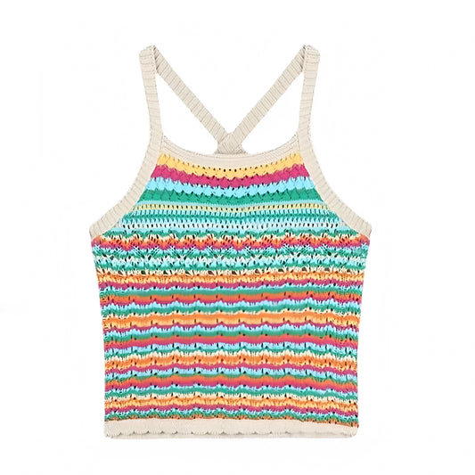 Zoe Multi-Color Striped Knit Crochet Backless Tank Top