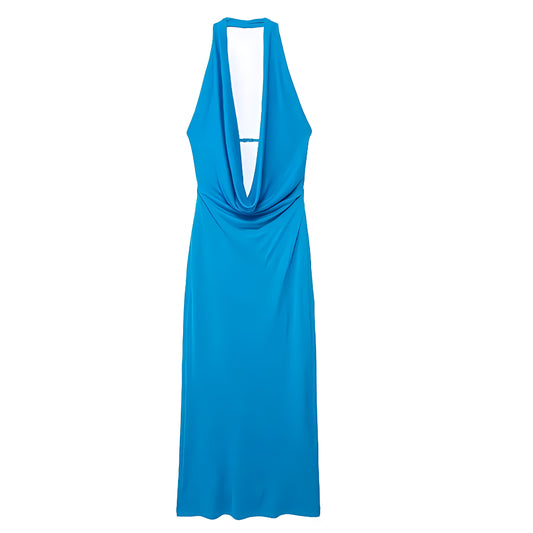 Sea Blue Bodycon Draped Scoop Neck Sleeveless Halter Backless Maxi Dress