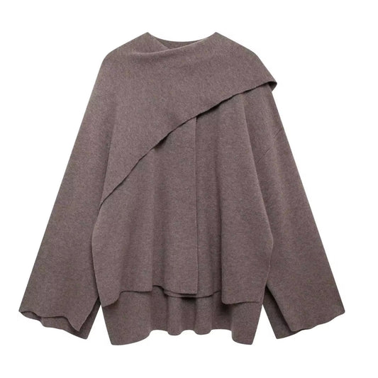 Brown Knit Woolen Oversized Irregular Long Sleeve Pullover Cloak Sweater