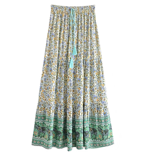 Green Floral Print Low-Rise Tiered Boho Maxi Skirt