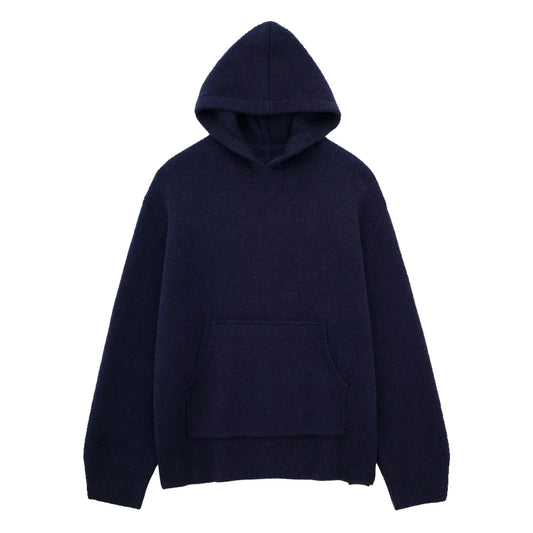 Navy Blue Knit Pull Over Hoodie