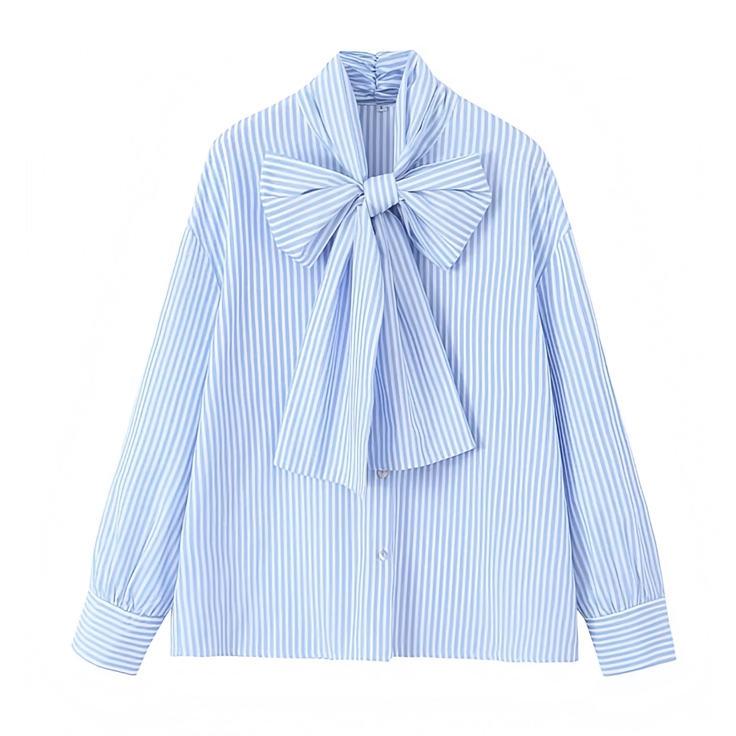 light-blue-and-white-striped-pinstripe-seersucker-linen-cotton-long-sleeve-button-down-v-neck-cuffed-large-bow-knot-tie-shirt-blouse-women-ladies-chic-trendy-spring-2024-summer-elegant-classy-semi-formal-feminine-casual-preppy-coastal-granddaughter-nautical-seaside-beach-wear-vacation-tops-stockholm-style-zara-revolve-dupe