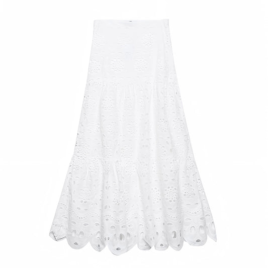 White Eyelet Embroidered Ruffle Mid-Low Rise Maxi Skirt