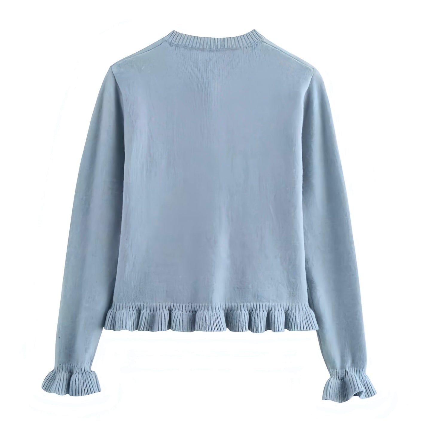 Light Blue Knit Ruffle Trim Button-Down Long Sleeve Cardigan Sweater