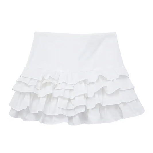 White Layered Ruffle Trim Mid-Rise Mini Skirt