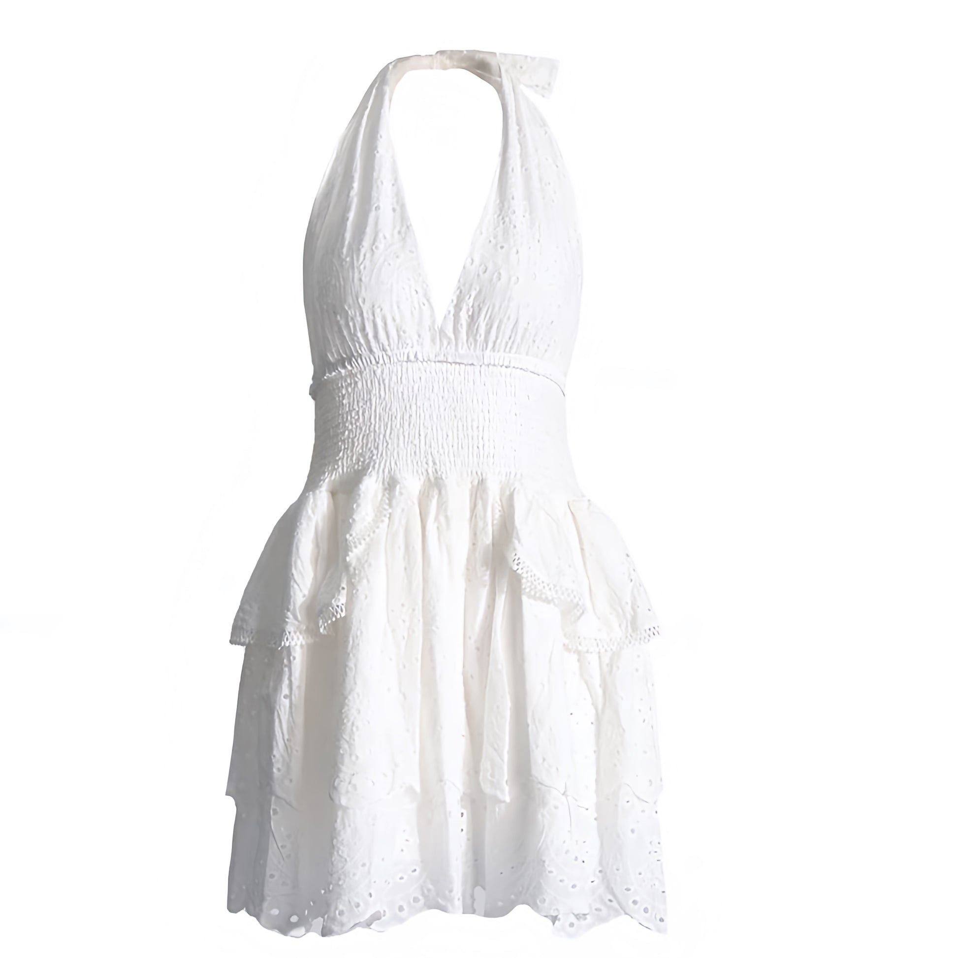 White Eyelet Embroidered Smocked Layered Ruffle Drop Waist Halter Mini Dazey Hill White Eyelet Embroidered Smocked Layered Ruffle Drop Waist Halter Mini Dazey Hill