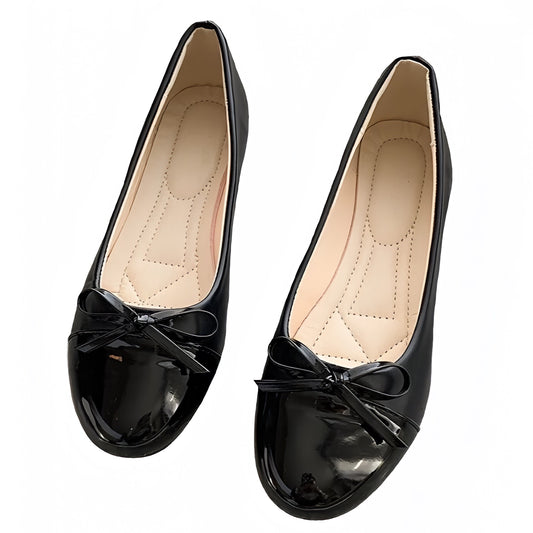 Black Bow Faux Patent Leather Ballet Silhouette Low Heel Flats