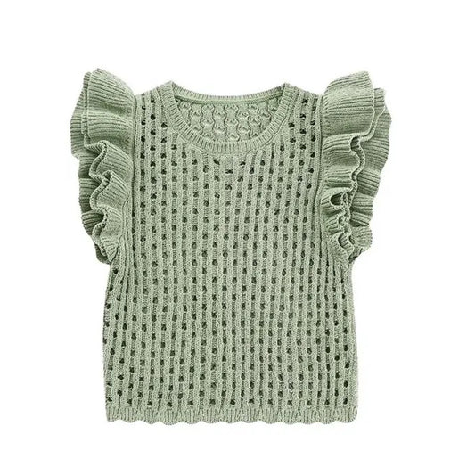 Matcha Green Knit Crochet Ruffle Sleeve Blouse Top